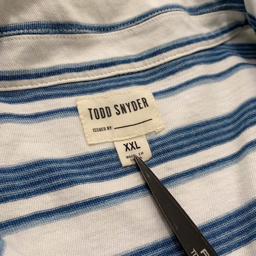 Todd Snyder Shirt Mens XXL White Blue Striped Cotton Short Sleeve Button Up